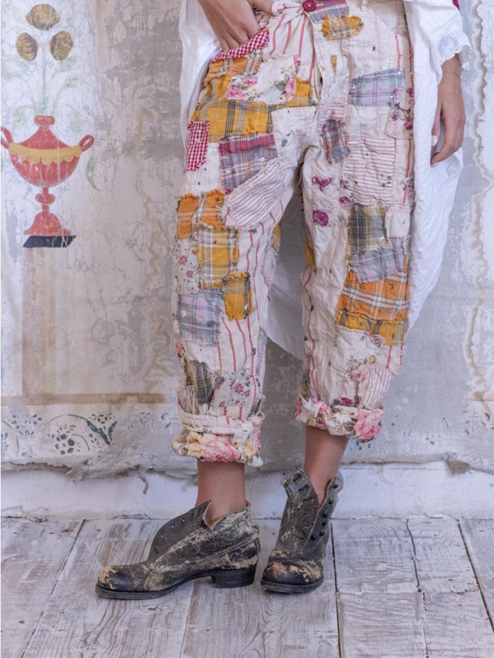 Magnolia Pearl One Size Boho Patchwork Cotton Crop Pants - Cream & Yellow